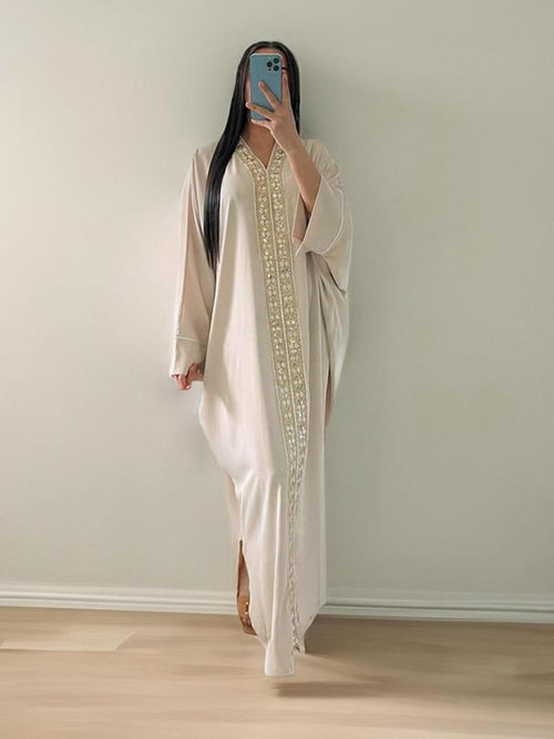 Arabic Clothing-Contrast Sequin Batwing Sleeve V Neck Kaftan Dress, Summer Outfits 2024, Elegant Long Sleeve Arabian Dress for Women, Women'S Islamic Clothing for Summer